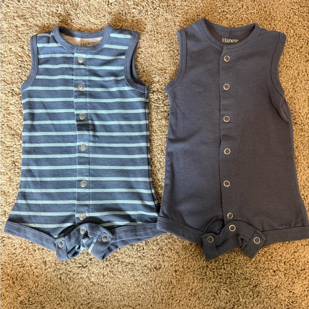 Hanes Infant Rompers in Striped Blue and Solid blue